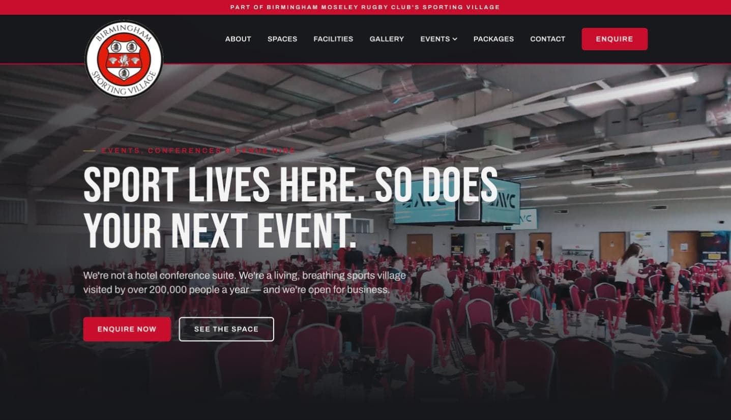 The Birmingham Moseley Sporting Village homepage, showing an event laid out in the venue with an Enquire Now call to action